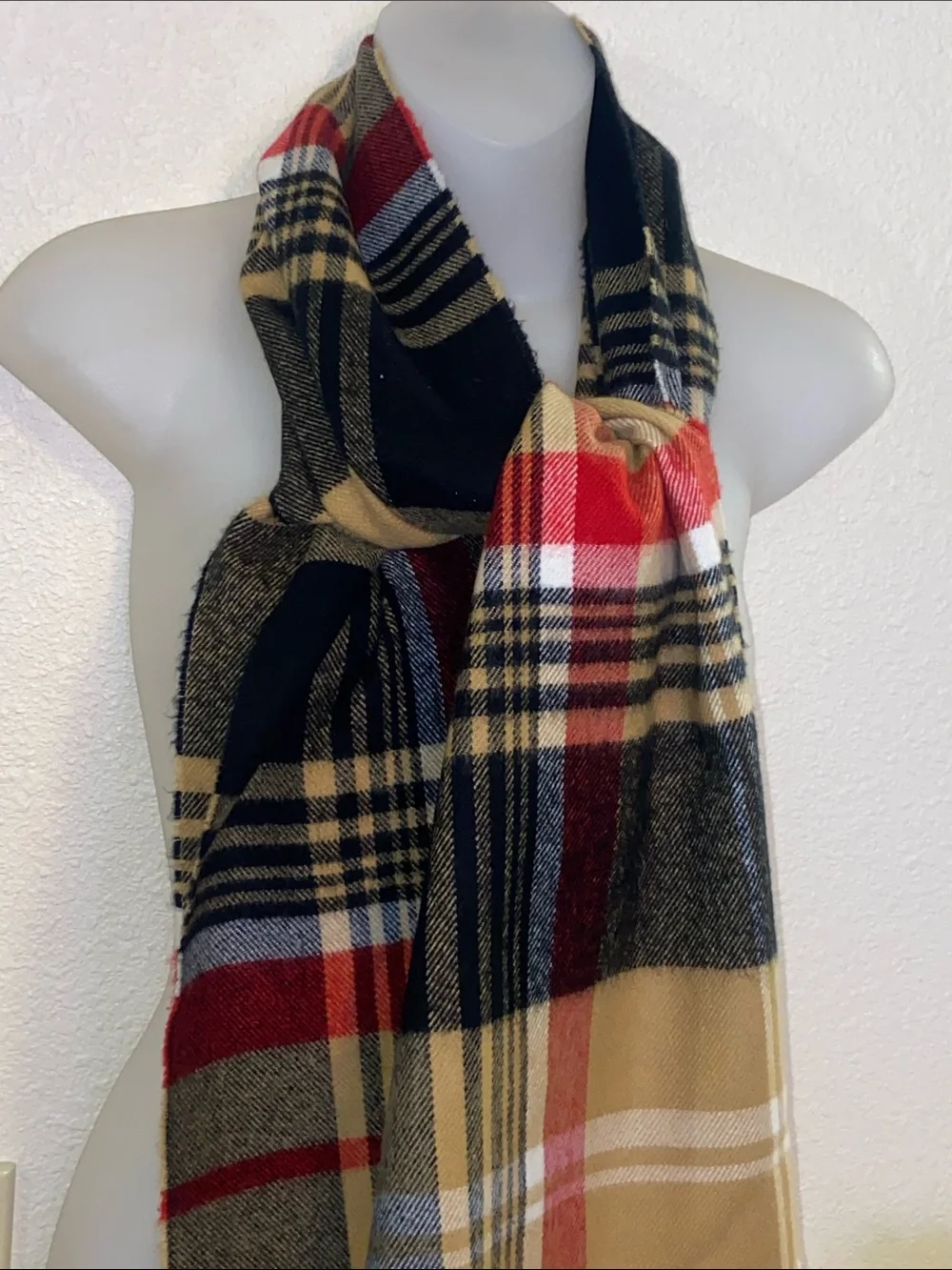 Unisex Plaid Fringe Scarf in Black, Tan & Red - Classic Winter Accessory 70”x12”